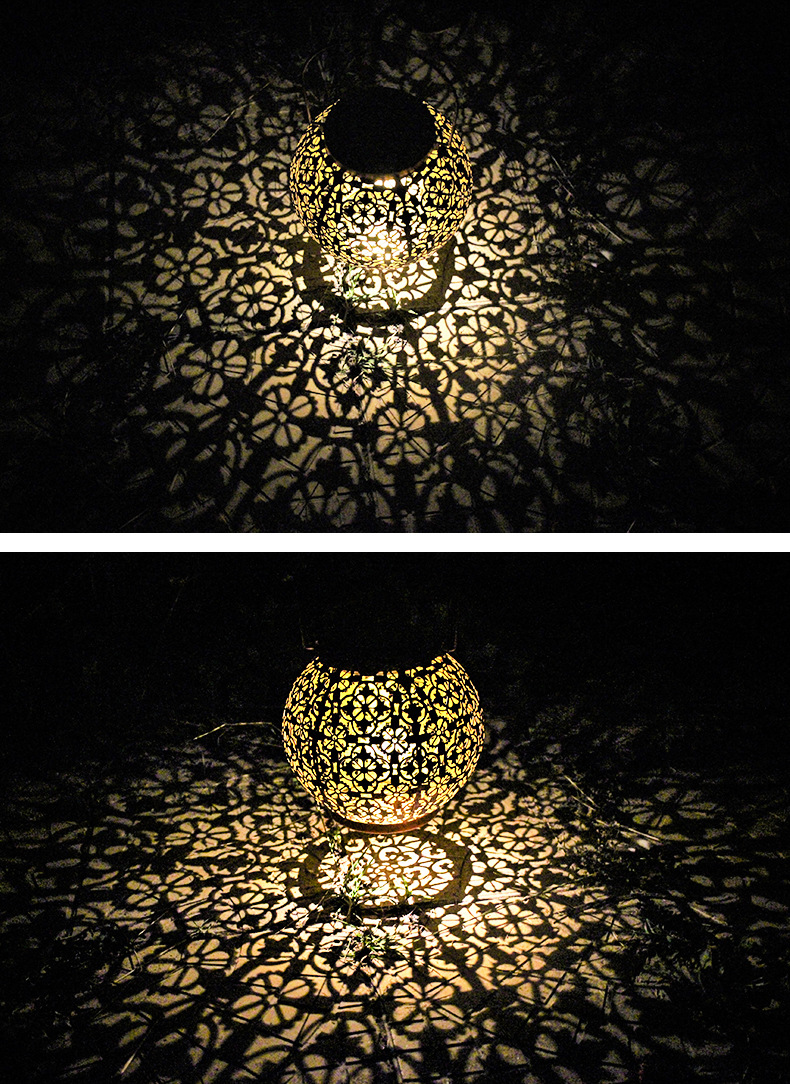 跨境新品户外太阳能铁艺灯欧式花园灯镂空壁挂手提圆形投影灯