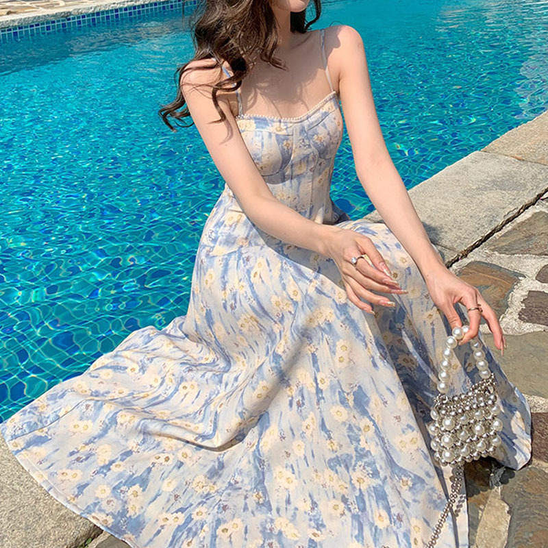 2023 French Style Blue Oil Painting Dress Beach Dress Floral Strap Dress Female Summer Fairy Texture High Sense