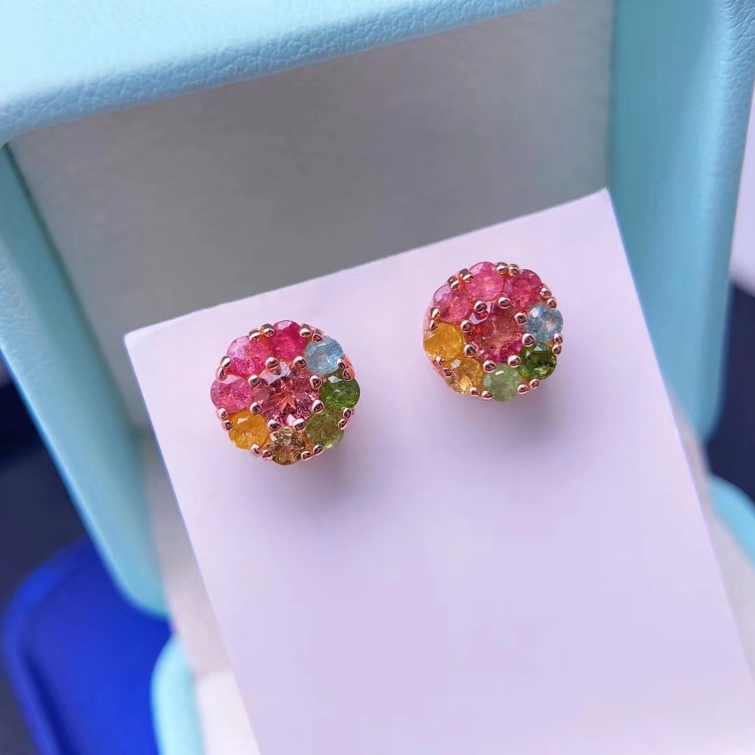 巴西碧玺旋转耳钉s925银镶天然碧玺耳钉女款饰品耳饰碧玺耳钉批发