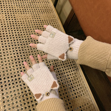 2023新款女士冬季针织手套可爱猫耳半指手套写字办公保暖手套