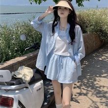 韩系套装女夏季宽松防晒长袖衬衫字母吊带背心抽绳休闲短裤三件套