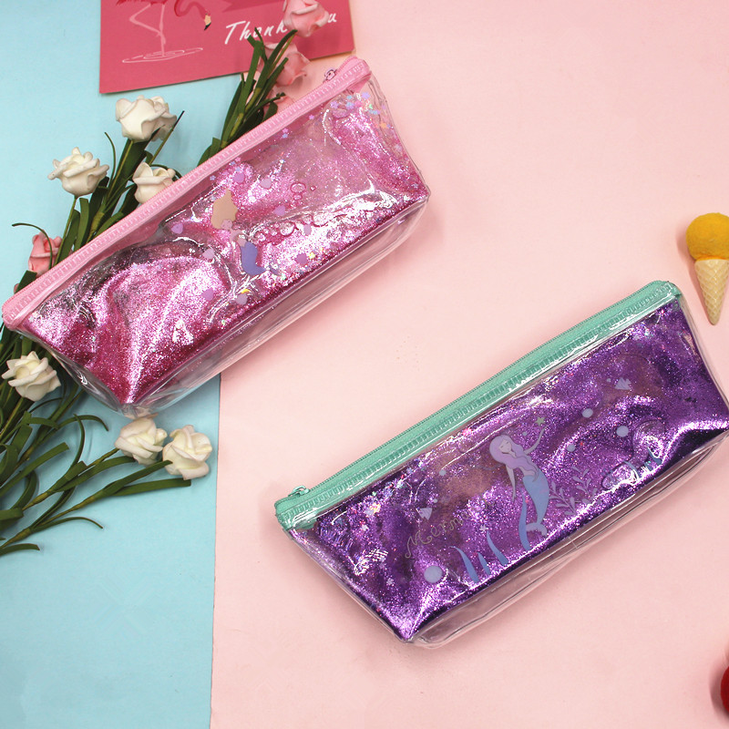 韩版卡通美人鱼入油流沙笔袋 pvc立体学生文具收纳笔袋办公用品