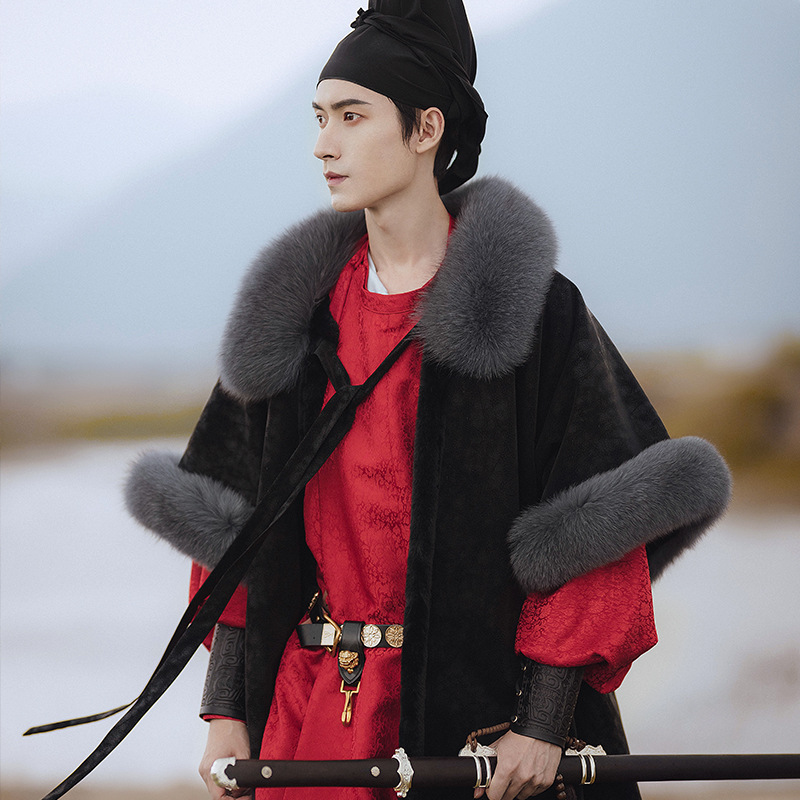 花斑呼吸皮大狐狸毛领保暖加绒对襟袍男装冬款汉服裘衣—临冬