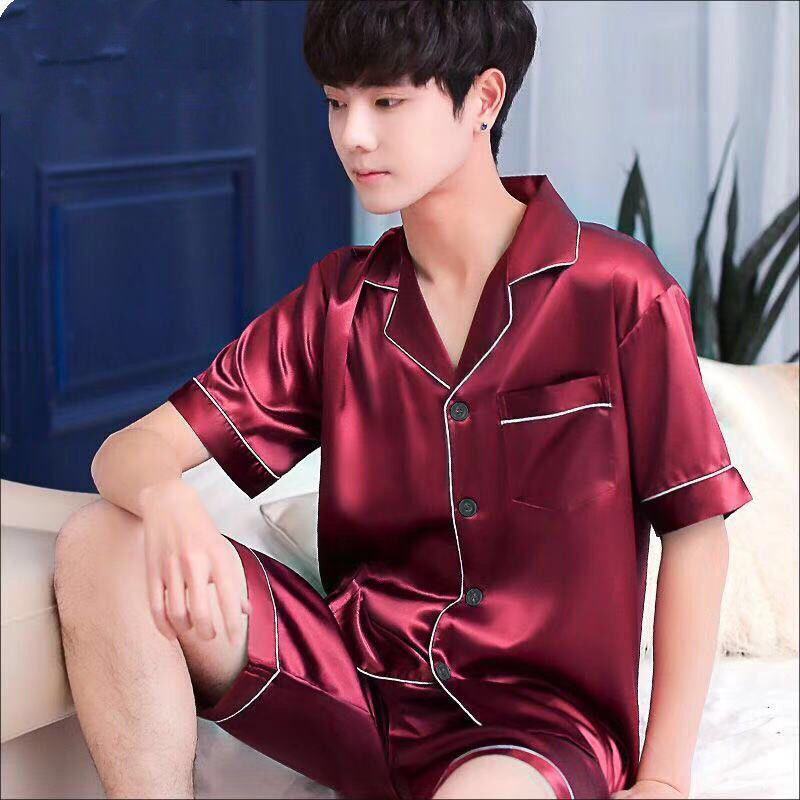 Advanced Champagne Ice Silk Pajamas Men's Summer Thin Cardigan Short Sleeve Shorts Youth Homewear Suit Artificial Silk