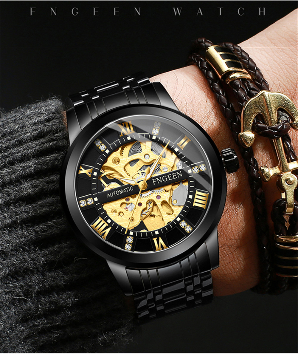 跨境爆款热卖全自动机械手表男生钢带表个性镂空面男士商务腕表