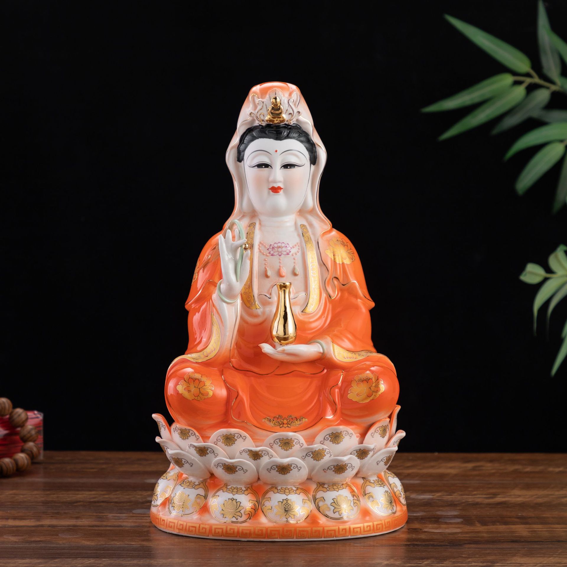 陶瓷佛像大莲吉红观音菩萨陶瓷工艺品摆件佛教用品