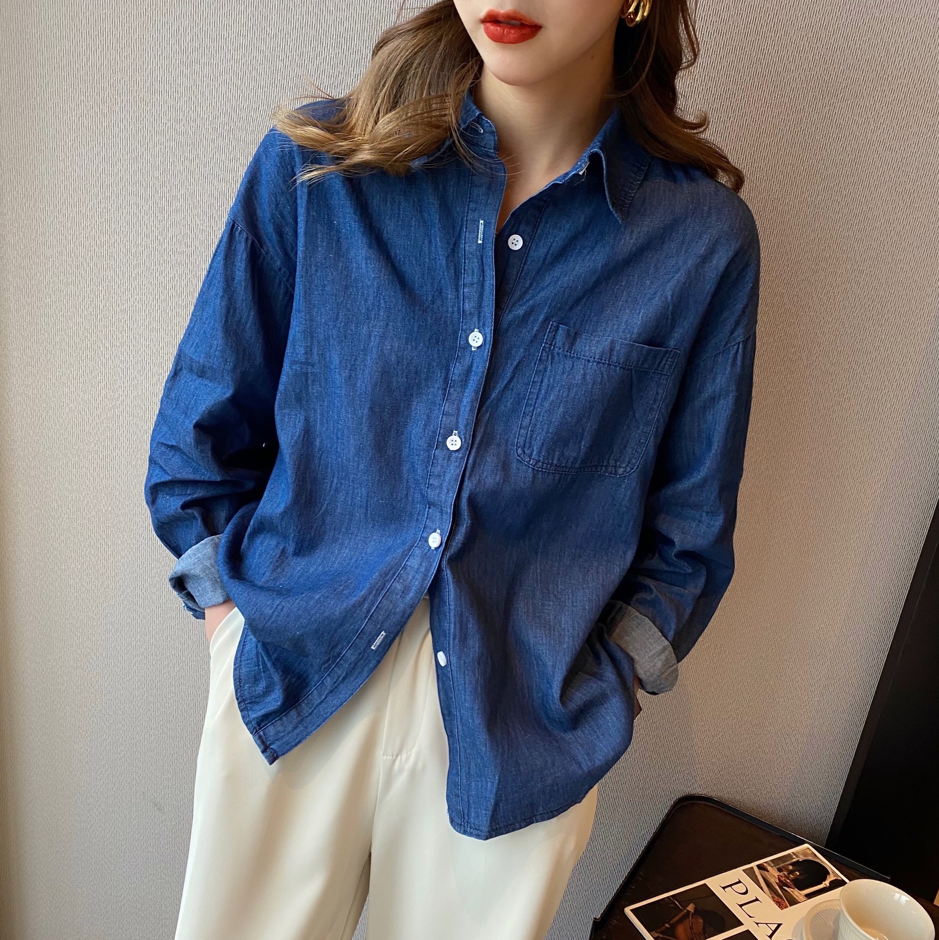 牛仔衬衫女小个子叠穿上衣2022年春款设计感小众宽松蓝色长袖衬衣