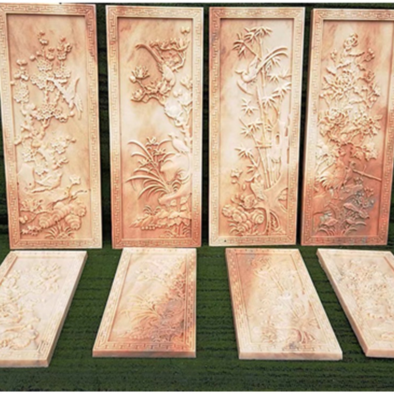 可定制石雕浮雕壁画 人物花草大理石晚霞红室内外福字石材浮雕墙