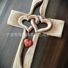 跨境独立站情人节木制爱心十字架Carved wooden cross木质 工艺品
