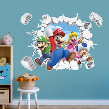 3D马里奥墙贴mario卡通儿童房贴自粘PVC动漫游戏破墙海报壁纸墙纸