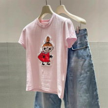 2025夏季新款卡通贴布刺绣图案修身短袖T恤女