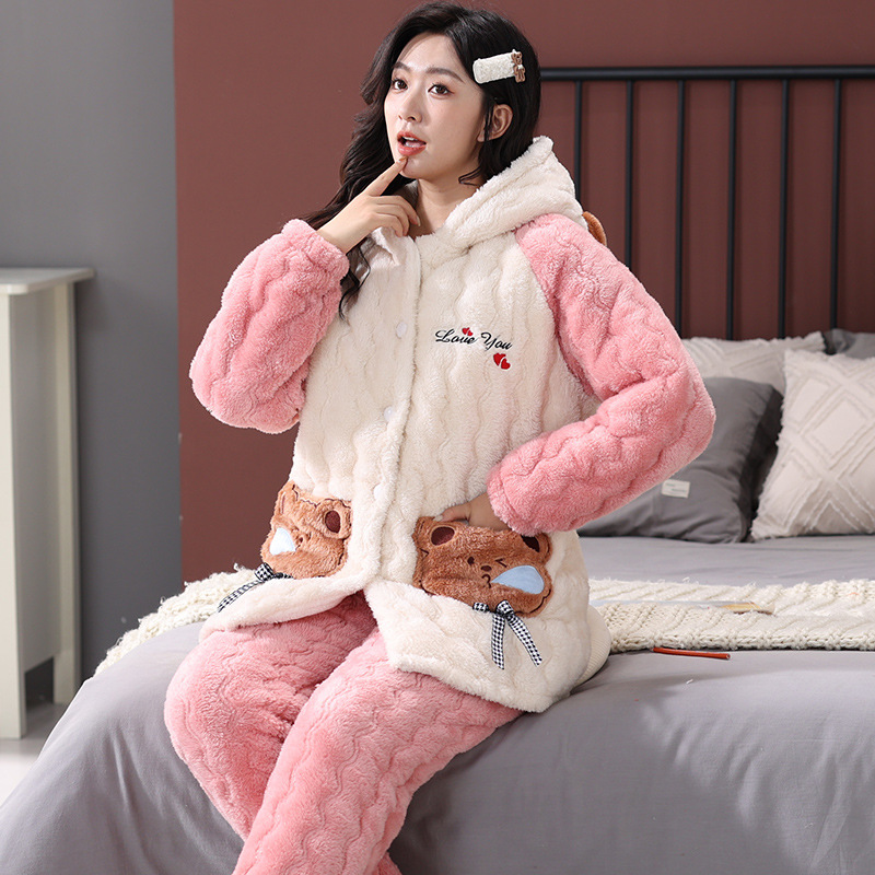 秋冬季珊瑚绒三层夹棉睡衣女可爱甜美连帽开衫加厚加绒保暖家居服