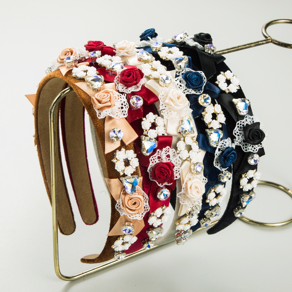 和鸣发箍跨境欧美时尚玫瑰花蝴蝶结头箍高级绒布镶钻细边发饰批发