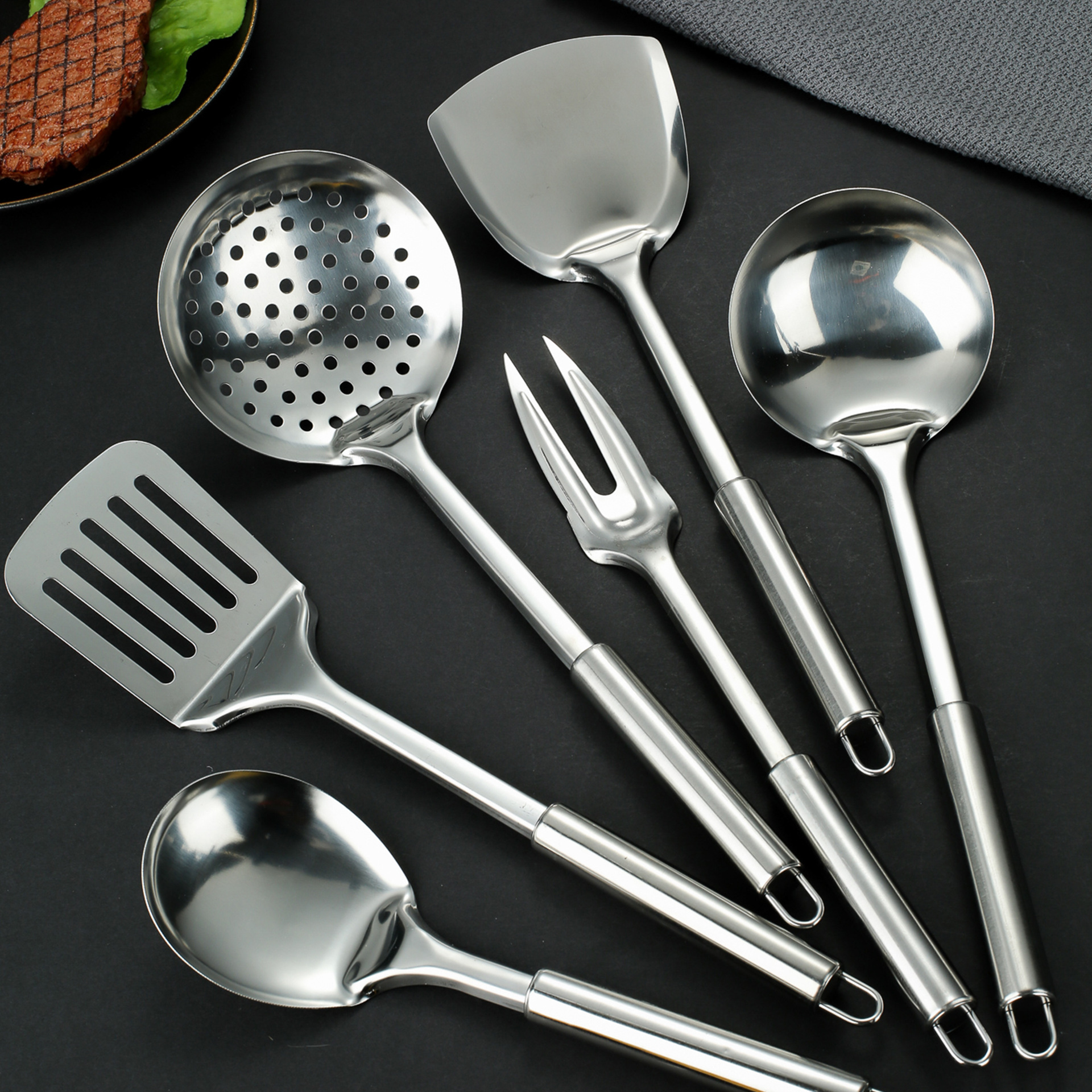 round Tube Kitchenware Stainless Steel Kitchenware Six-Piece Set Porridge Spoon Spatula Gift Set Logo Can Be Added