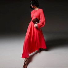 法式女装2023秋季新款圆领长袖红色褶皱镂空名媛气质宴会礼服长裙