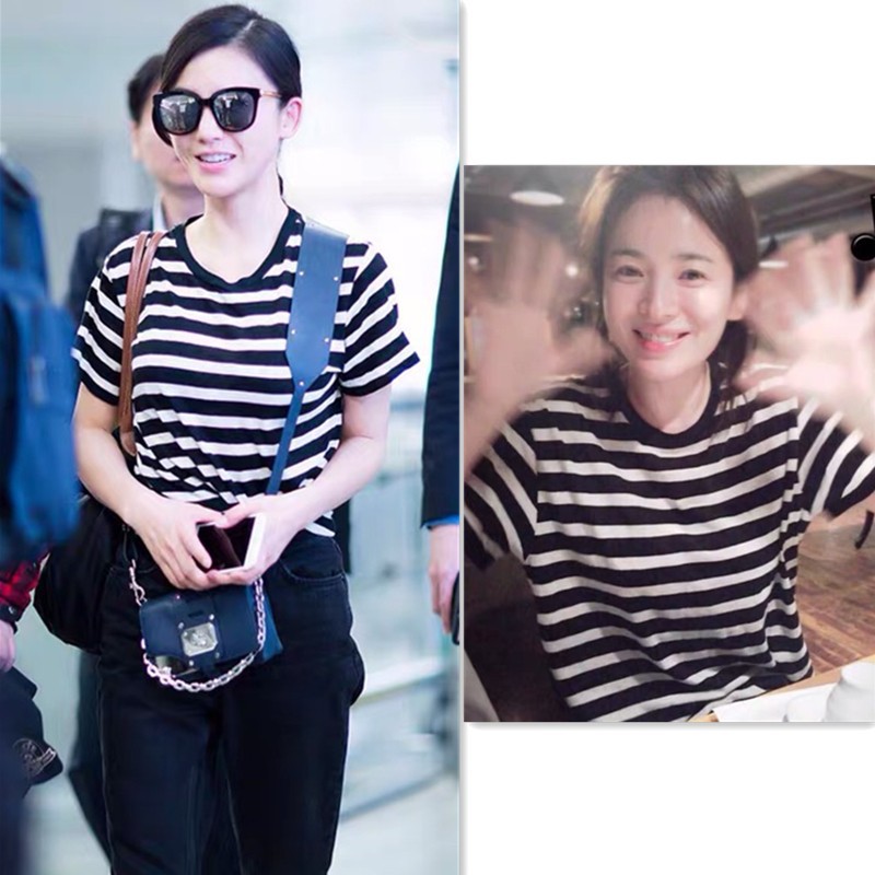 杨子珊韩国宋慧乔明星同款韩国黑白条纹t恤短袖圆领上衣服女黑色