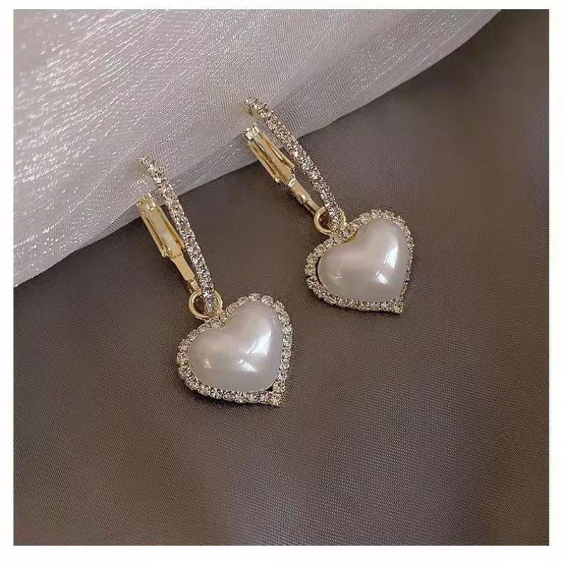 Pearl Heart High-Grade Earrings Sterling Silver Needle Elegant Shining Diamond Light Luxury Frosty Style Earrings
