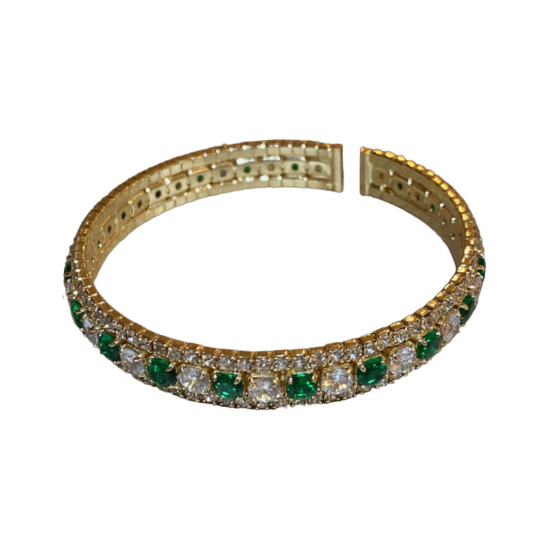 High-Grade Emerald Diamond-Embedded Open Bracelet Ins Niche Design Bracelet Korean-Style Fashionable All-Match Bracelet