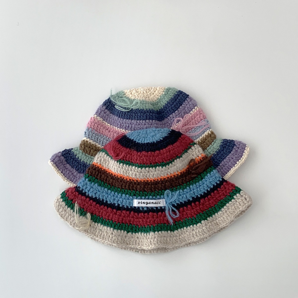 允旭/甜美可爱手工编织条纹渔夫帽女秋季新款多巴胺蝴蝶结水桶帽