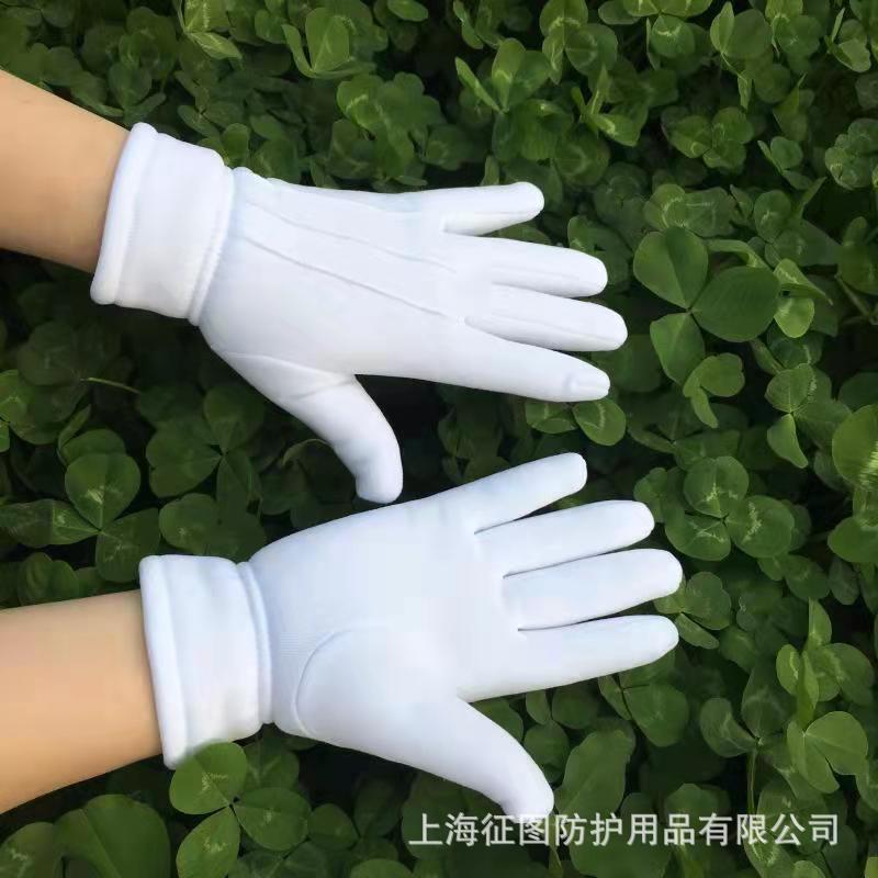 秋冬季加厚摇粒绒加绒三筋白手套 保安执勤工作礼仪广场舞健步走