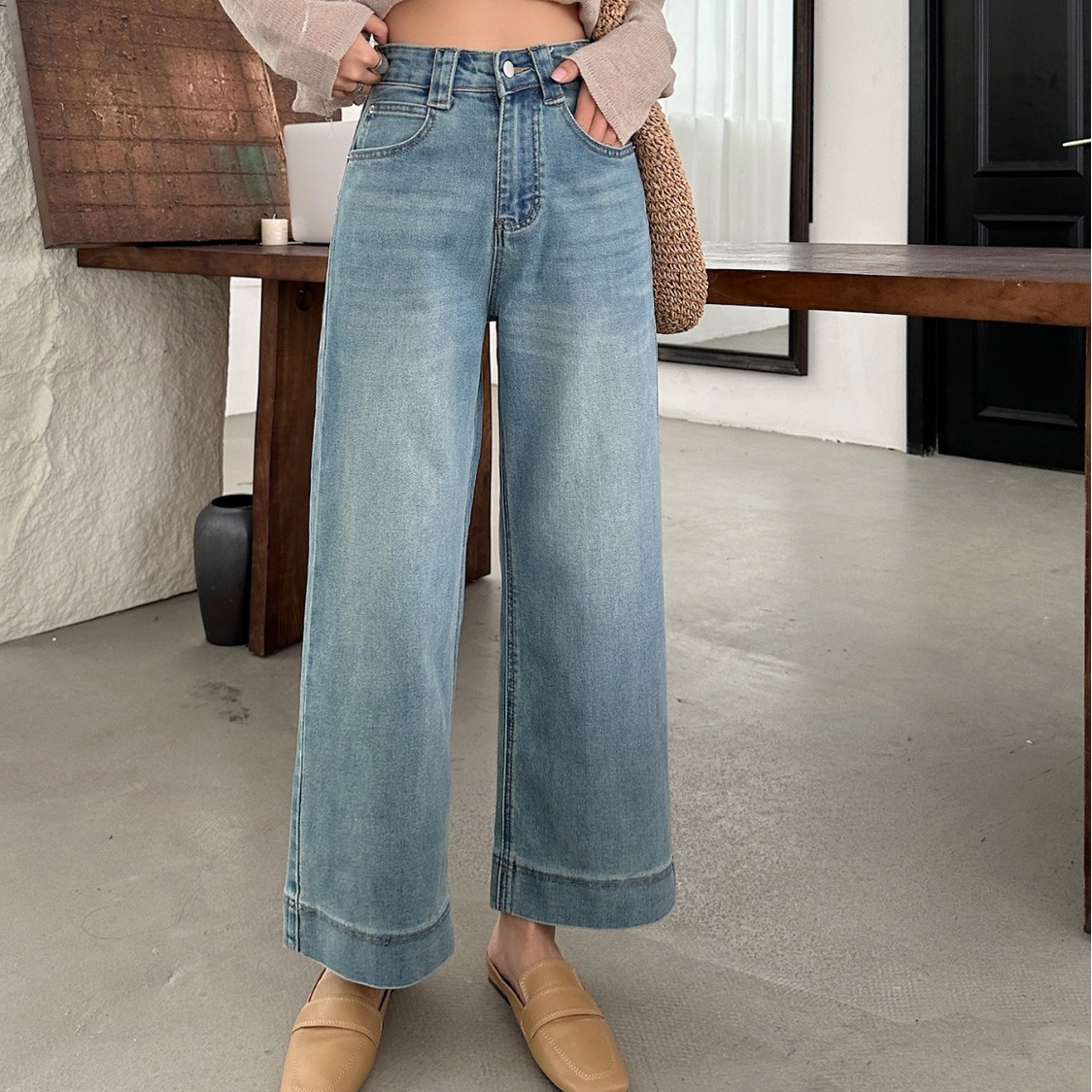 Spot Real Shot ~ Spring New Light Color Stretch High Waist Loose Wide Leg Cropped Jeans for Women