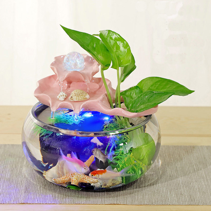 循环流水养鱼办公室微景观小型水流圆形鱼缸水景造景生财摆件