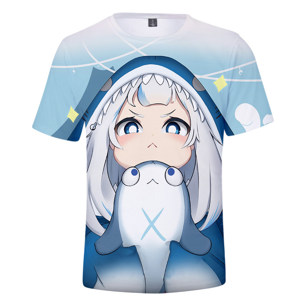 跨境2021新款 夏季gawr gura鲨鱼女孩3d彩印休闲成人短袖t恤