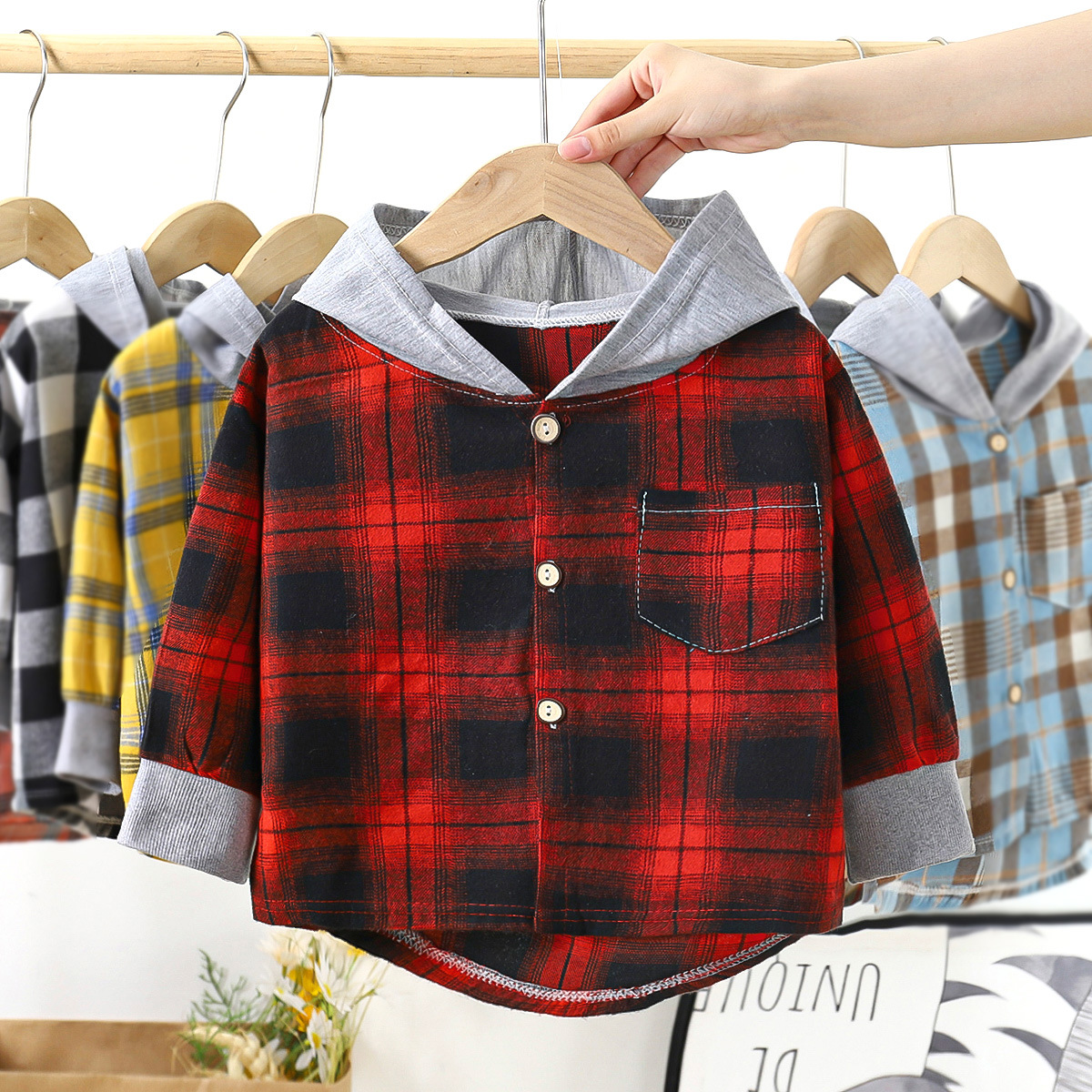 Children's Spring Autumn Blouse Children's Clothing Boy Hooded Plaid Shirt Baby Girl Long Sleeve Plaid Bottoming Outer