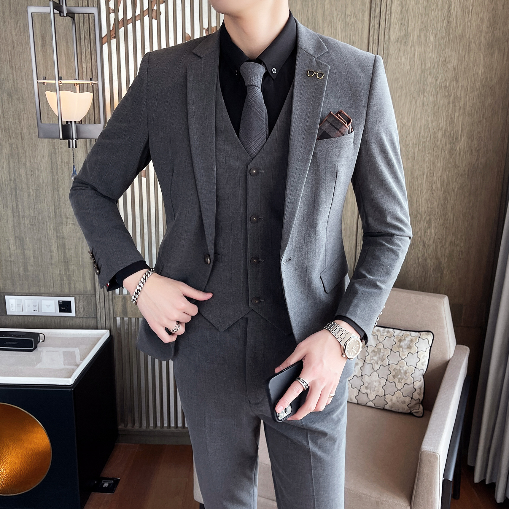 2021秋季新款男士休闲西装三件套暗格商务装英伦男生正式西服套装