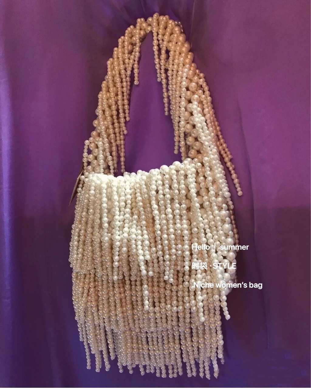 跨境热卖 法式复古高级仙女珍珠包手工编织重工流苏串珠包手提包