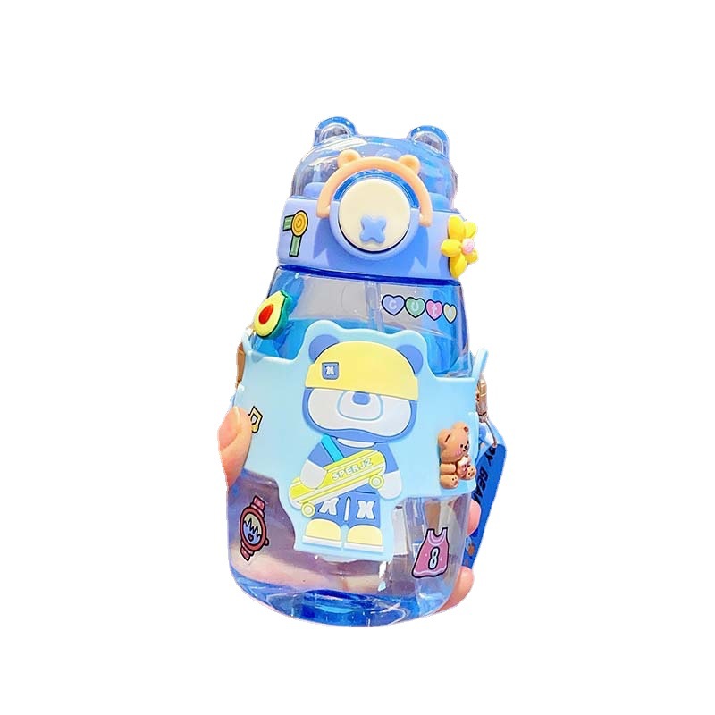2023 New Large Capacity Children's Plastic Cup Good-looking Water Cup Girls Cartoon Violent Bear Portable Straw Cup