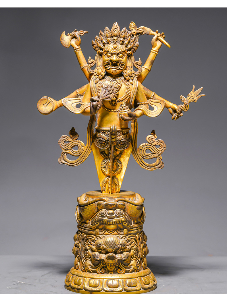 三漫陀36cm纯铜鎏金六臂马哈嘎拉佛像藏式做旧大黑天财神供奉摆件