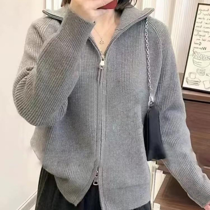 气质百搭毛衣针织开衫女新款外搭洋气小个子上衣针织纯色灰色