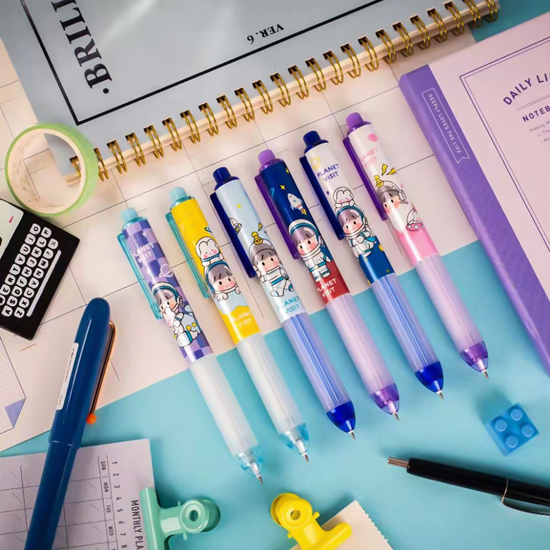 一木林星球探索胖头笔按动中性笔12支装学生创意卡通黑色水笔批发