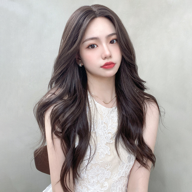 朴允假发女新款手织八字刘海长卷发自然蓬松大波浪全头套蕾丝假发