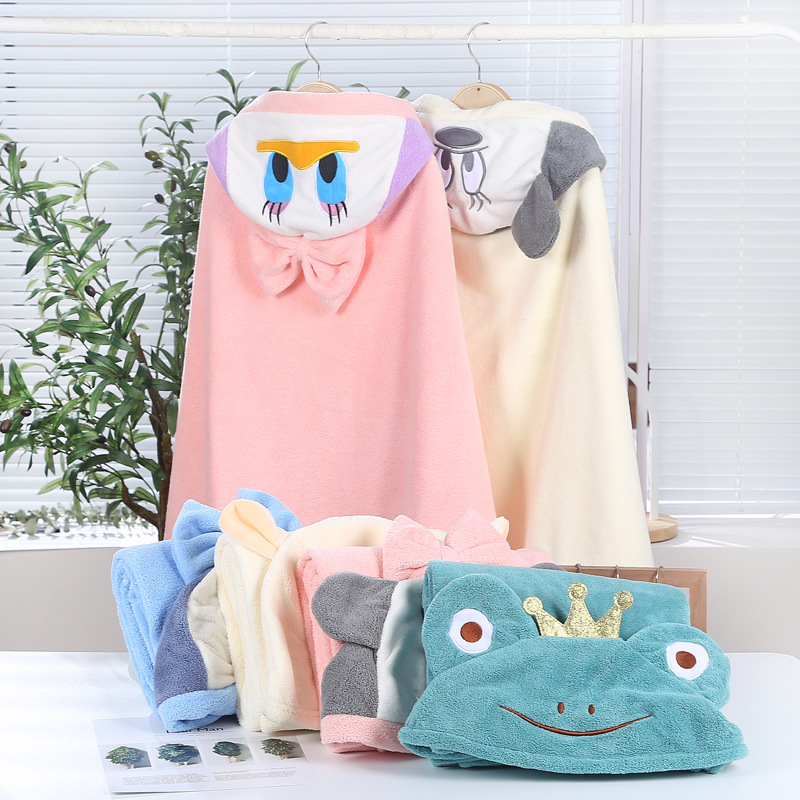 Coral Fleece Bath Towel Hooded Cloak Absorbent Cloak Baby Embroidered Bathrobe Cartoon Baby Baby Blanket Set Logo