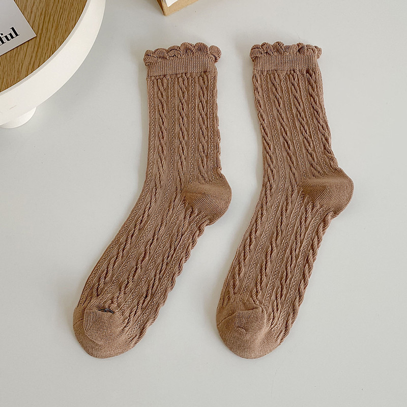 Lace Socks Children's Tube Socks Spring and Autumn Ins Fashion Cute Japanese Style Solid Color Stockings Middle Tube Cotton Socks JK White