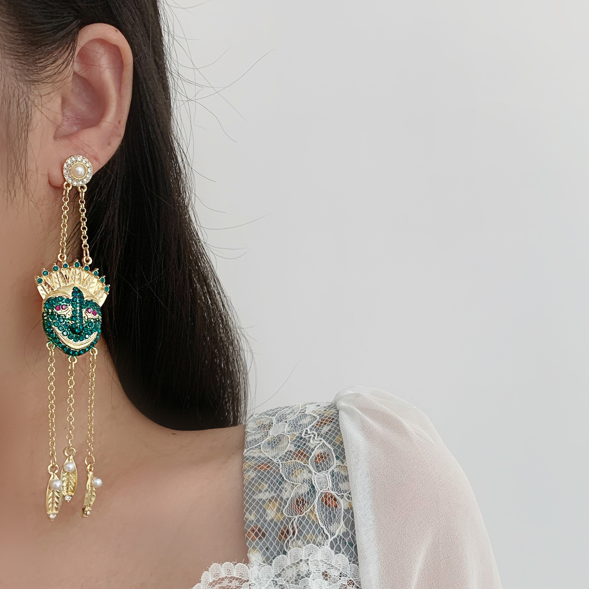 1970秦岚同款设计感耳环女纯银长款欧美印第安人头像流苏夸张耳钉