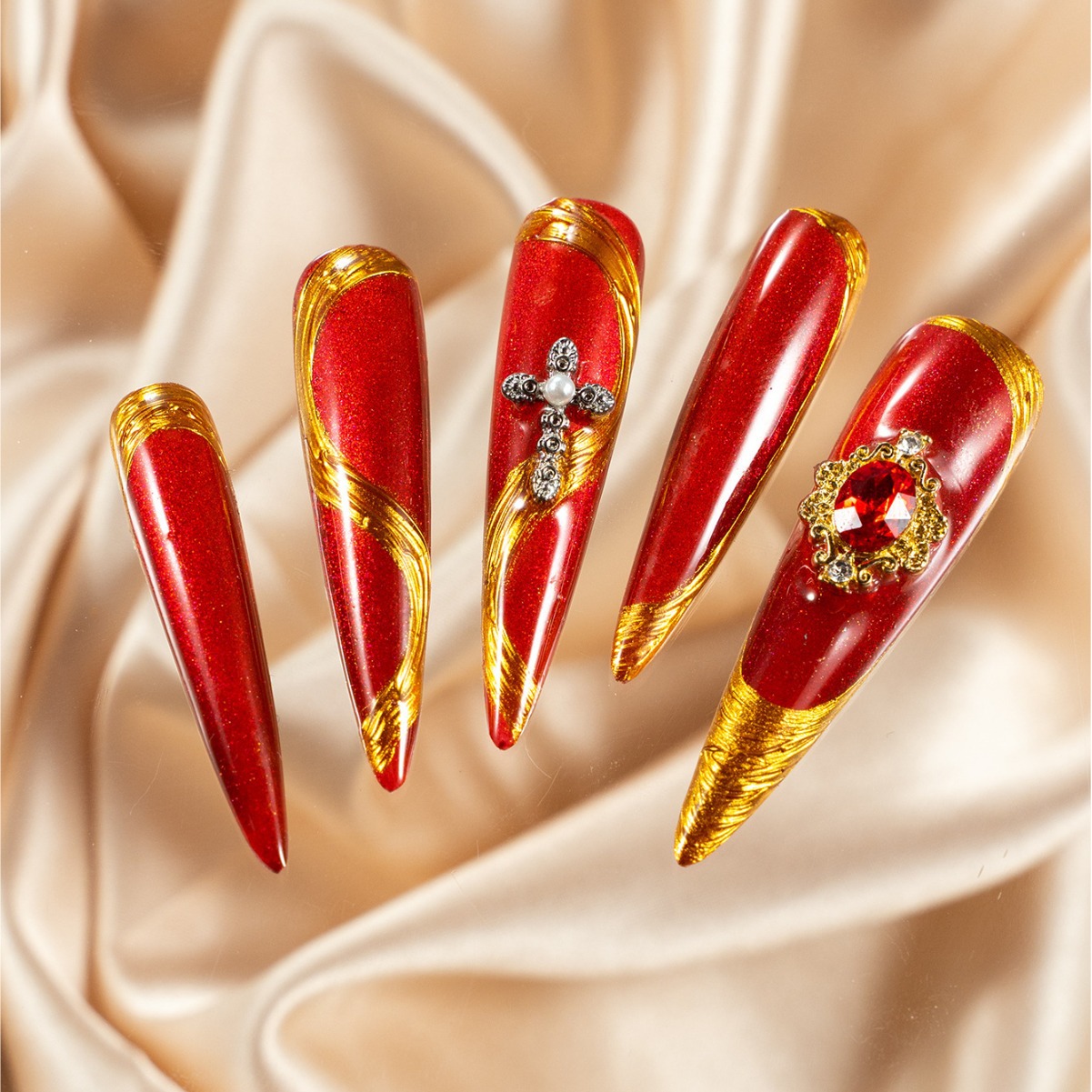 跨境热销纯手工穿戴甲红猫眼宝石大钻超长尖-阿里巴巴