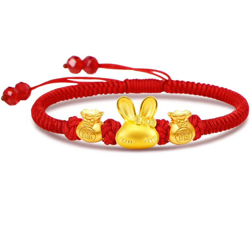 黄金兔子 转运珠3d硬金红绳手链女999足金米菲兔年属兔本命年手绳