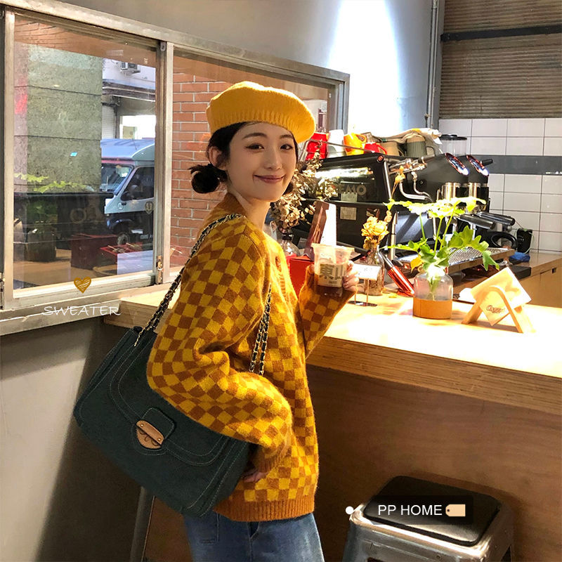 pphome吸睛配色~秋冬复古校园显白姜黄棋盘格软糯厚实毛衣外套女
