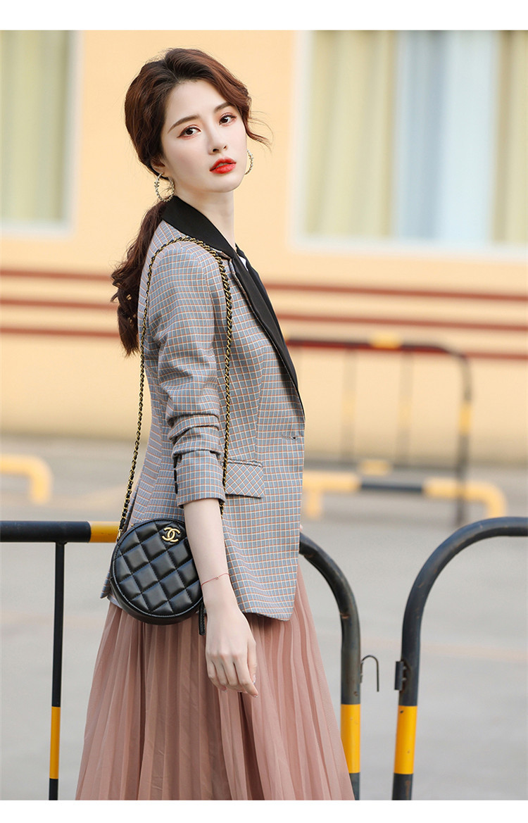 格子西装外套女春秋时尚气质韩版英伦风修身撞色拼接休闲西服上衣