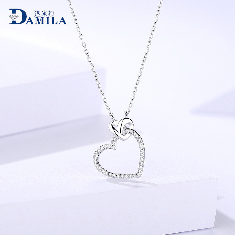 达米拉s925纯银韩版流行项饰爱心镂空吊坠锁骨链女项链银饰品批发