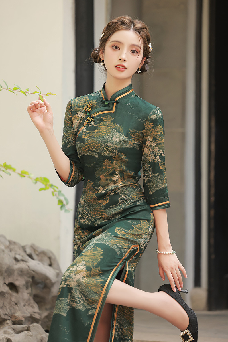 2022秋冬新款中国风斜边八排扣红云纱长款立领复古旗袍女装连衣裙