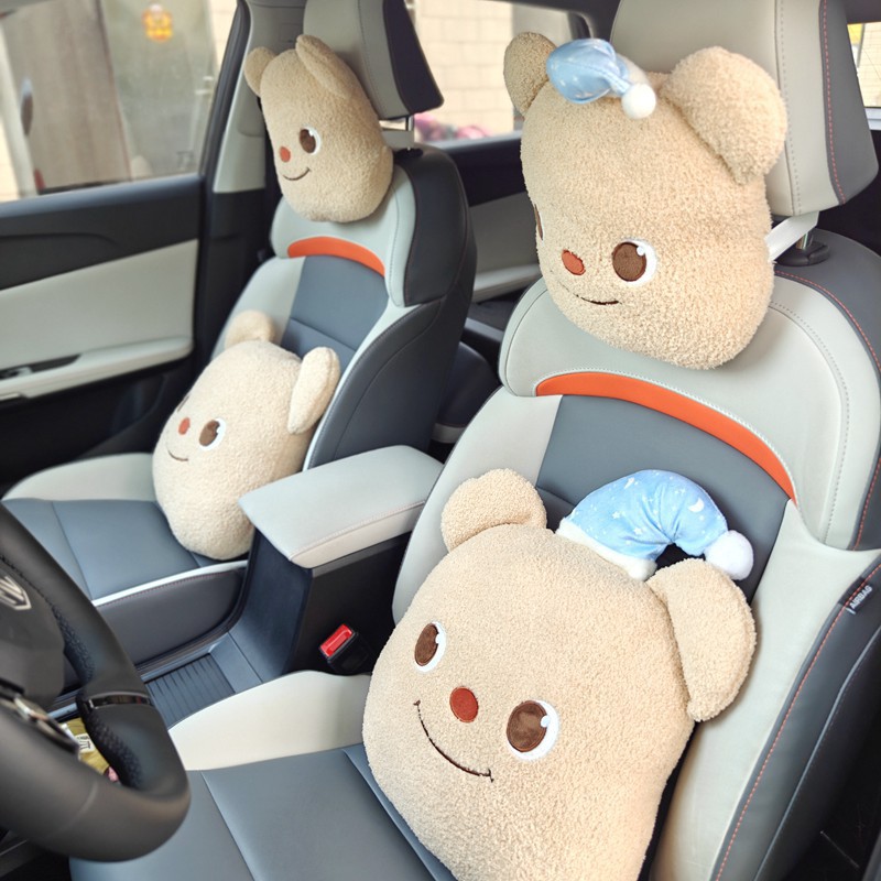 卡通睡帽小熊抱枕可爱熊熊居家装饰靠垫汽车毛绒头枕车载腰靠批发