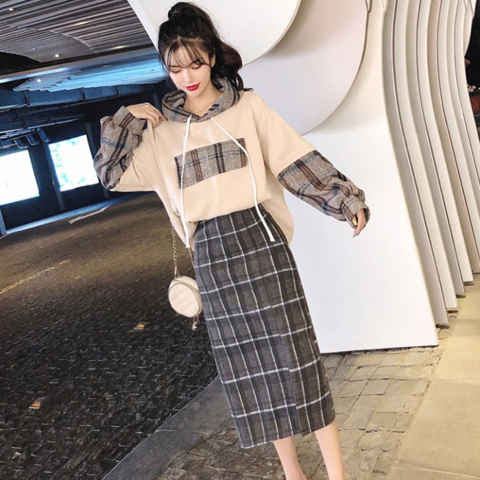 卫衣加裙子两件套加绒上衣配半身裙休闲套装女秋冬2021年秋格子裙