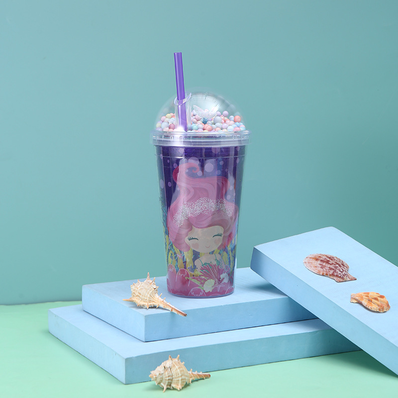 Good-looking New Mermaid Cup with Straw Summer Crushed Ice Cup Ice Cup Cute Girl Ice Cup Double-Layer Plastic Cup