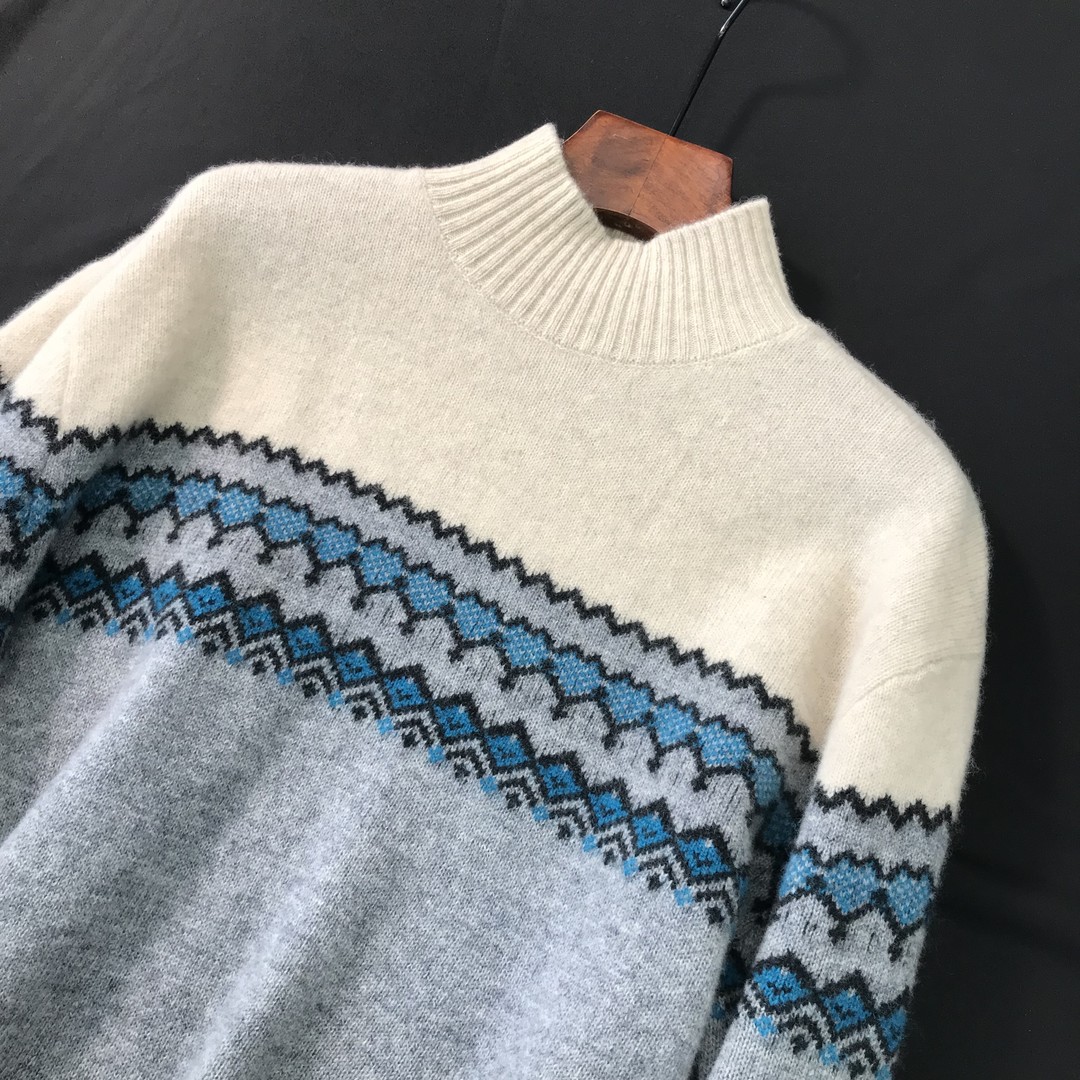 小众拼色提花堆堆领高领宽松针织衫加厚款毛衣羊毛衫新款女ct1806