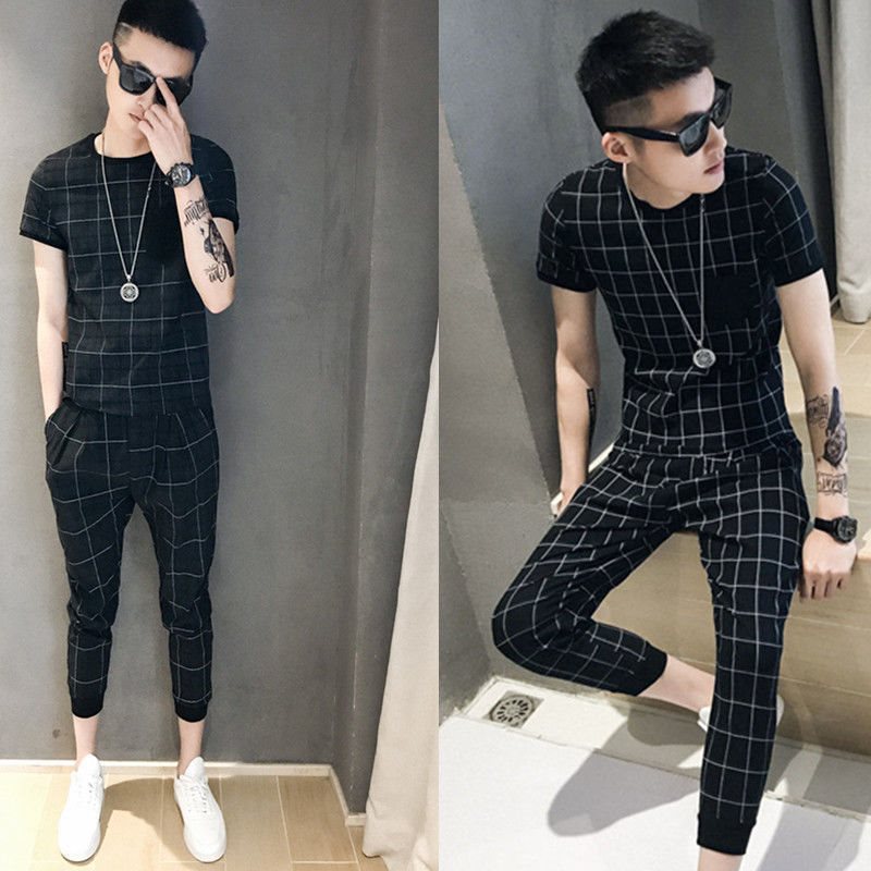 夏季新款男士韩版潮流衣服搭配一套潮男短袖t恤修身运动休闲套装