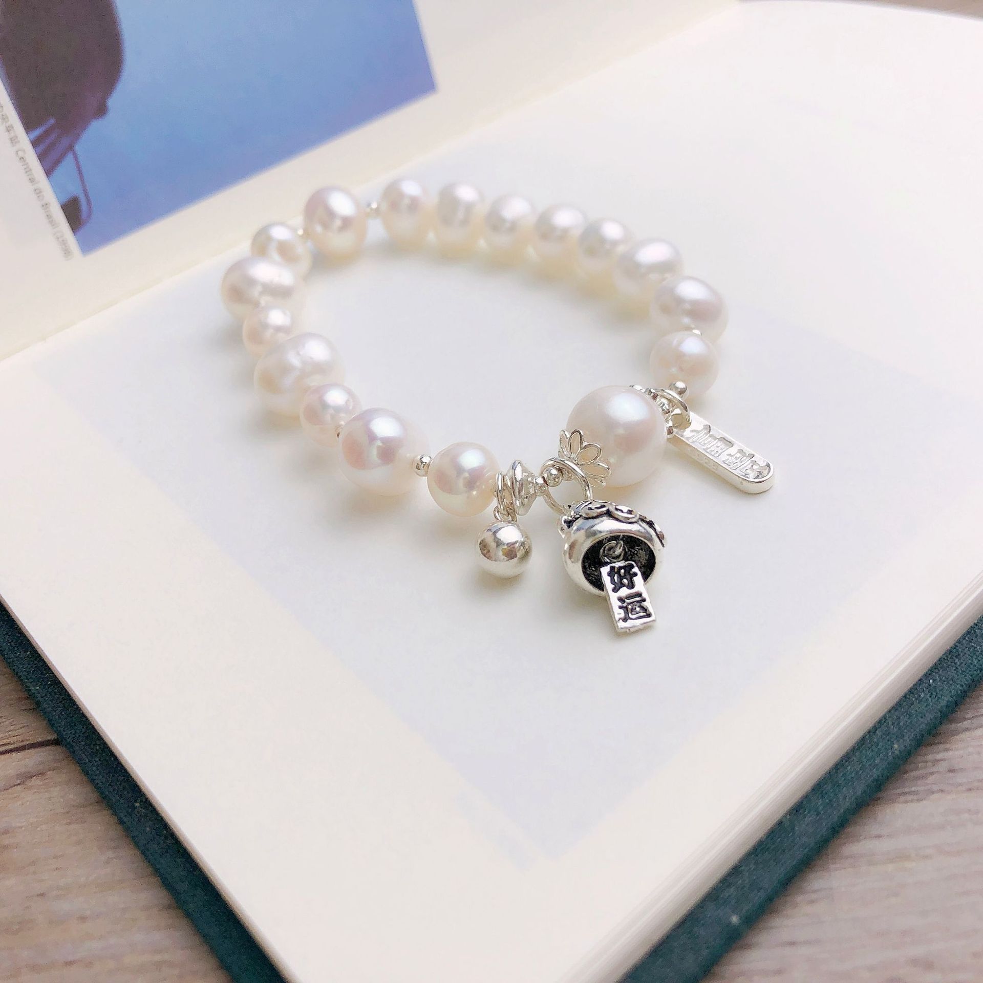 925银银珠招财猫吊坠手串女天然淡水珍珠手链个性简约diy饰品首饰